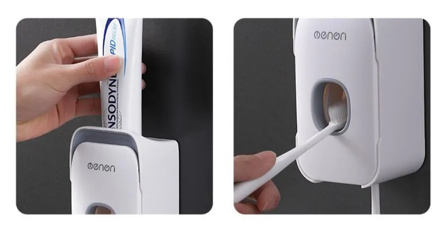 Blue automatic toothpaste dispenser made of ABS plastic on a bathroom shelf.