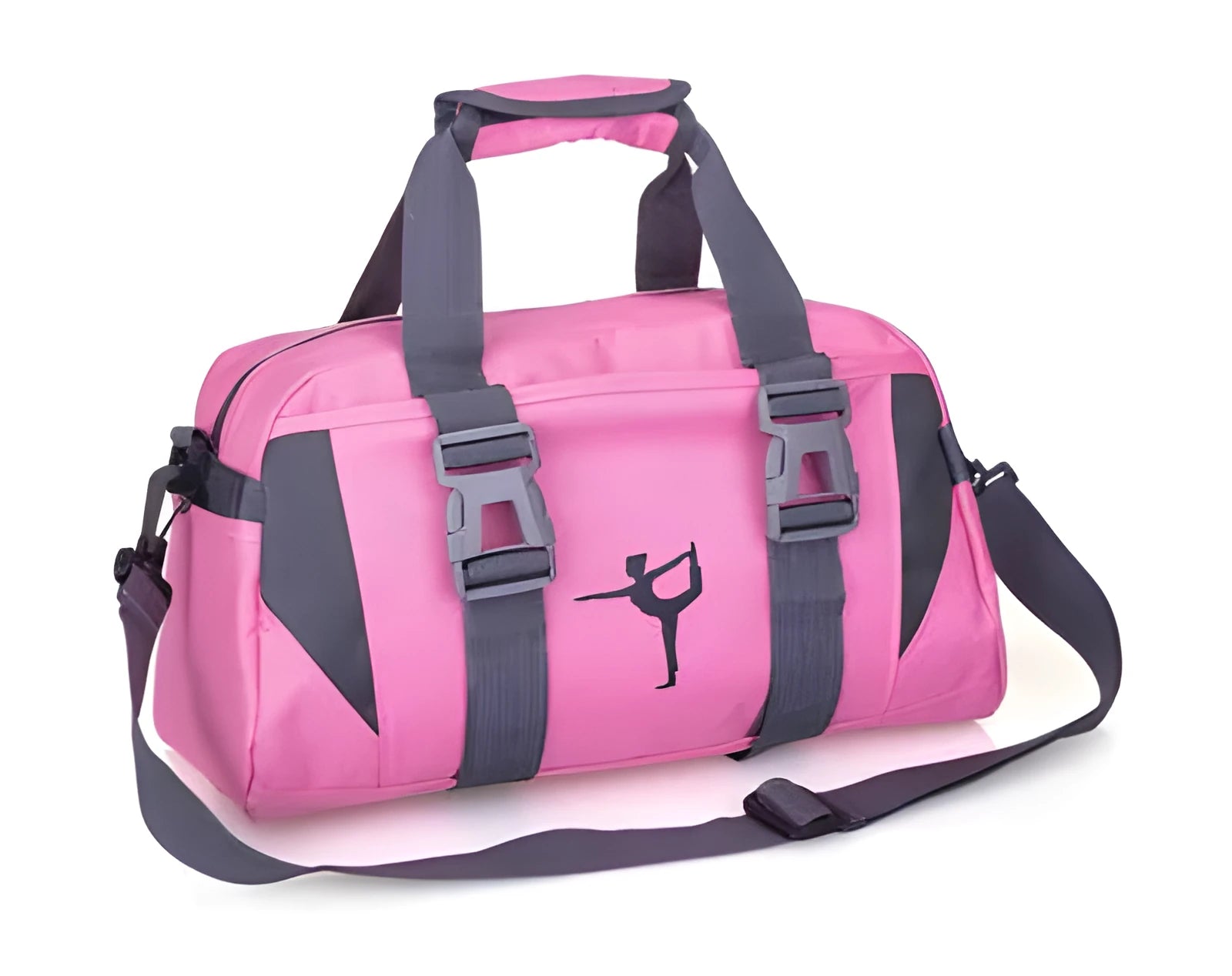 Nylon gym and yoga bag shown in black, available in medium and large sizes.
