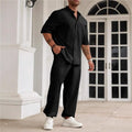 Men's cotton linen casual trousers set with short-sleeved button shirt in black, gray, or apricot