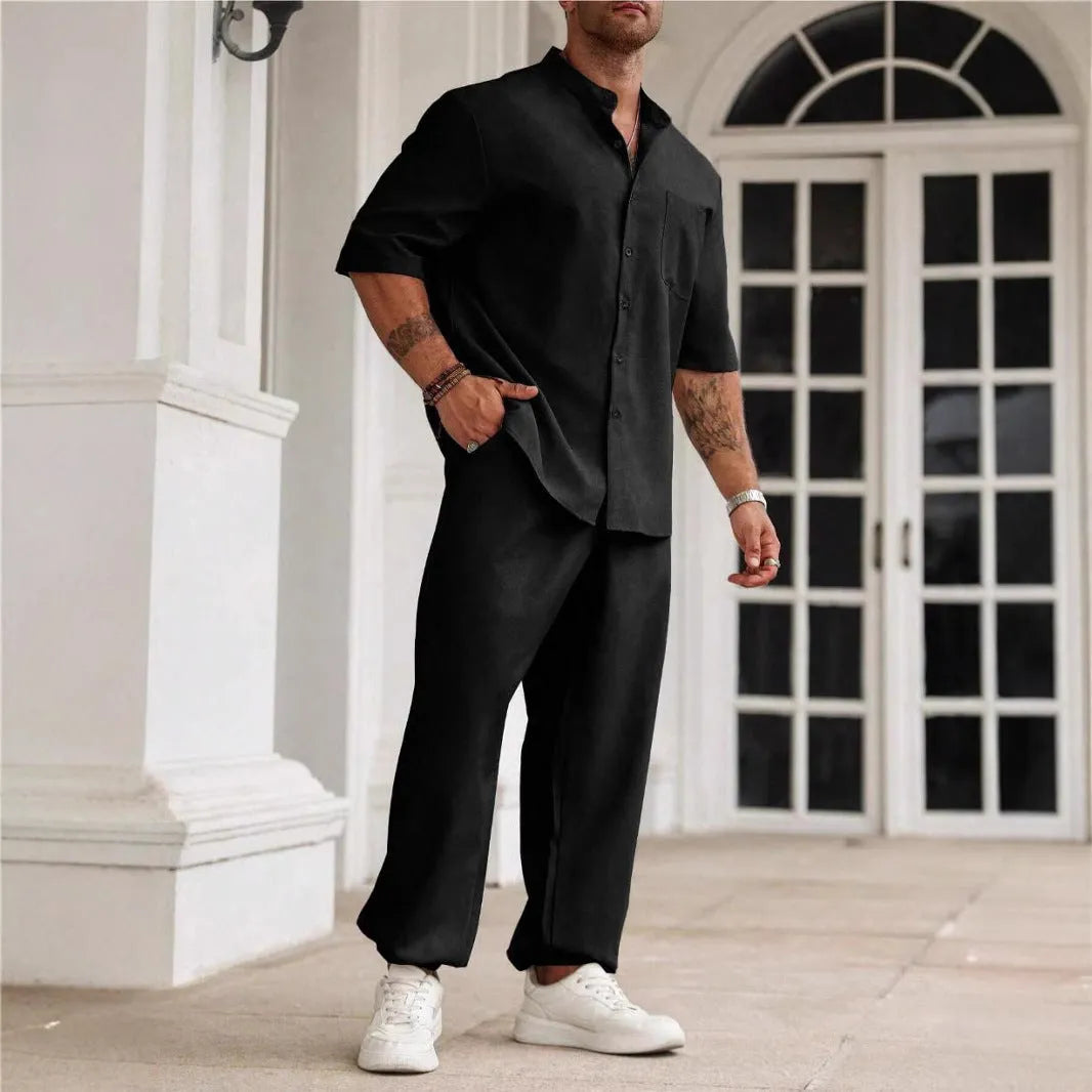Men's cotton linen casual trousers set with short-sleeved button shirt in black, gray, or apricot