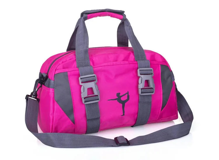 Nylon gym and yoga bag shown in black, available in medium and large sizes.
