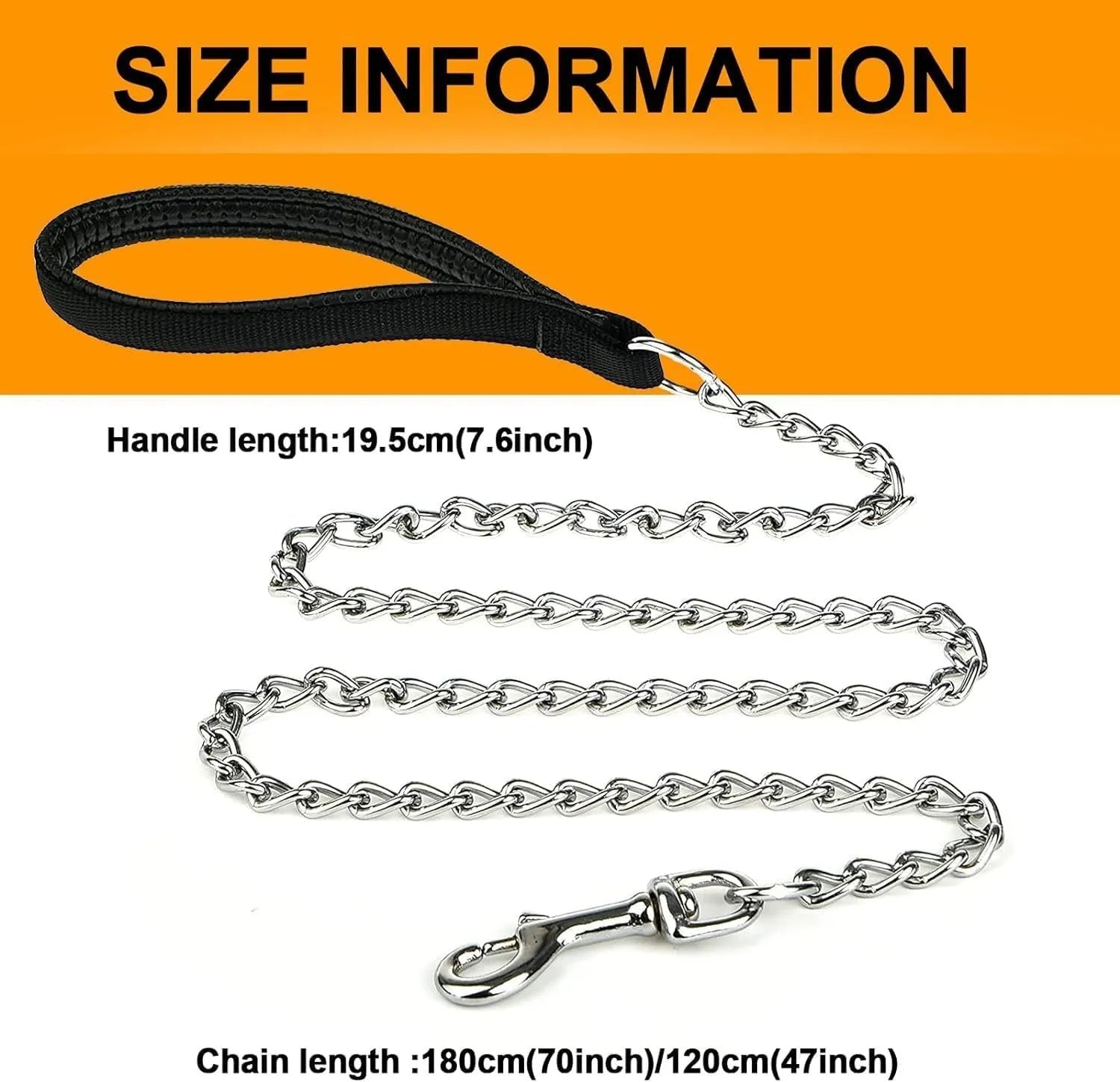 Heavy duty metal dog leash with soft padded handle and chew-proof chain in black, blue, or red.