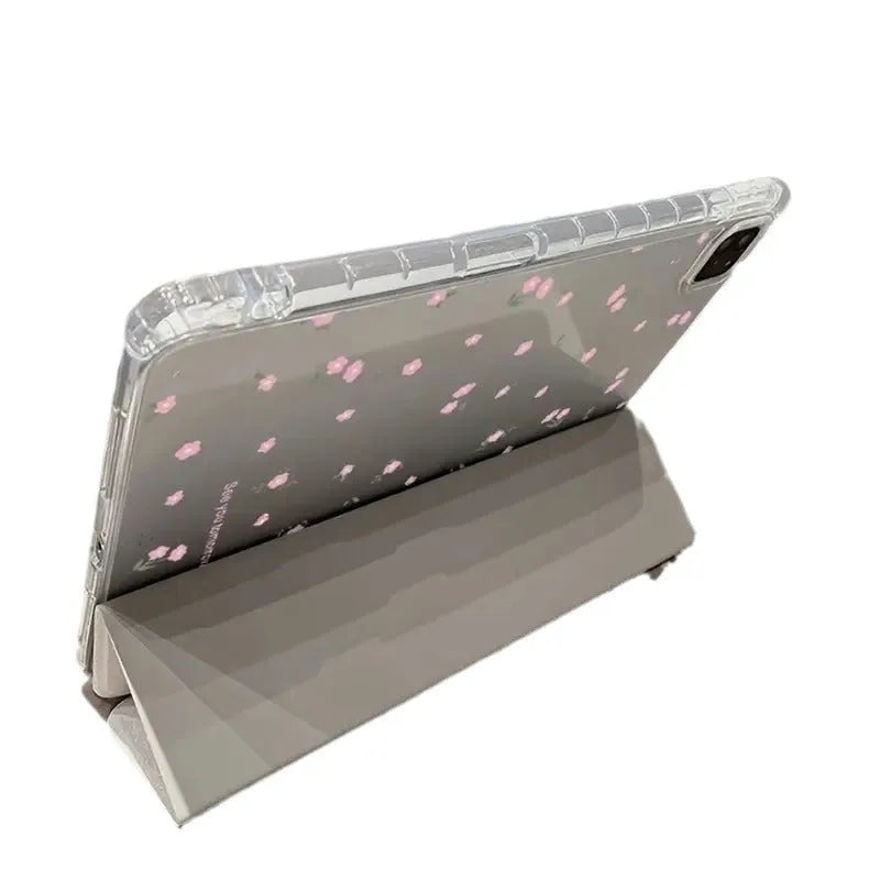 Transparent floral tri-fold tablet protective case for Apple iPad with magnetic closure