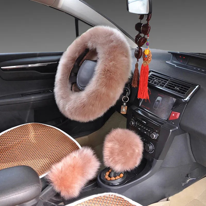 Wool steering wheel cover and handle covers three-piece set in multiple colour options for 38cm diameter wheels