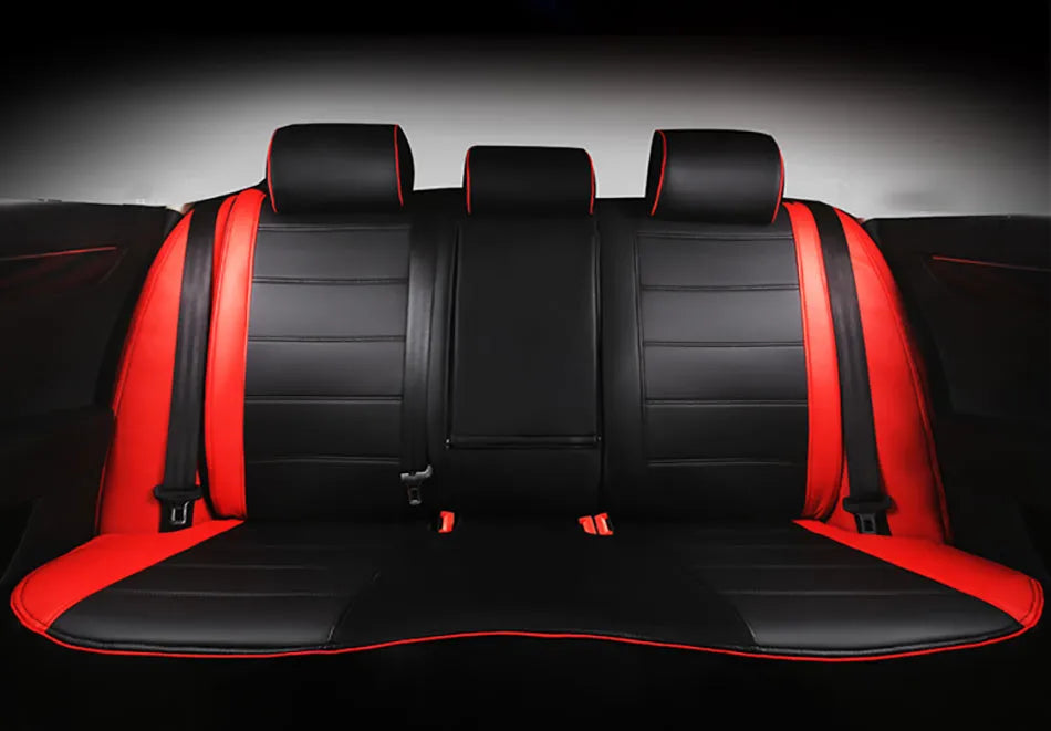 Leather car seat cover in beige and black with red accent colour options, showing binding style edges.