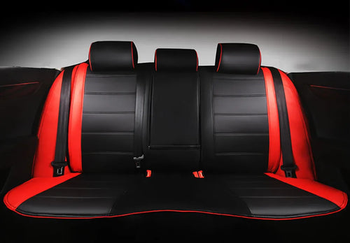 Leather car seat cover in beige and black with red accent colour options, showing binding style edges.
