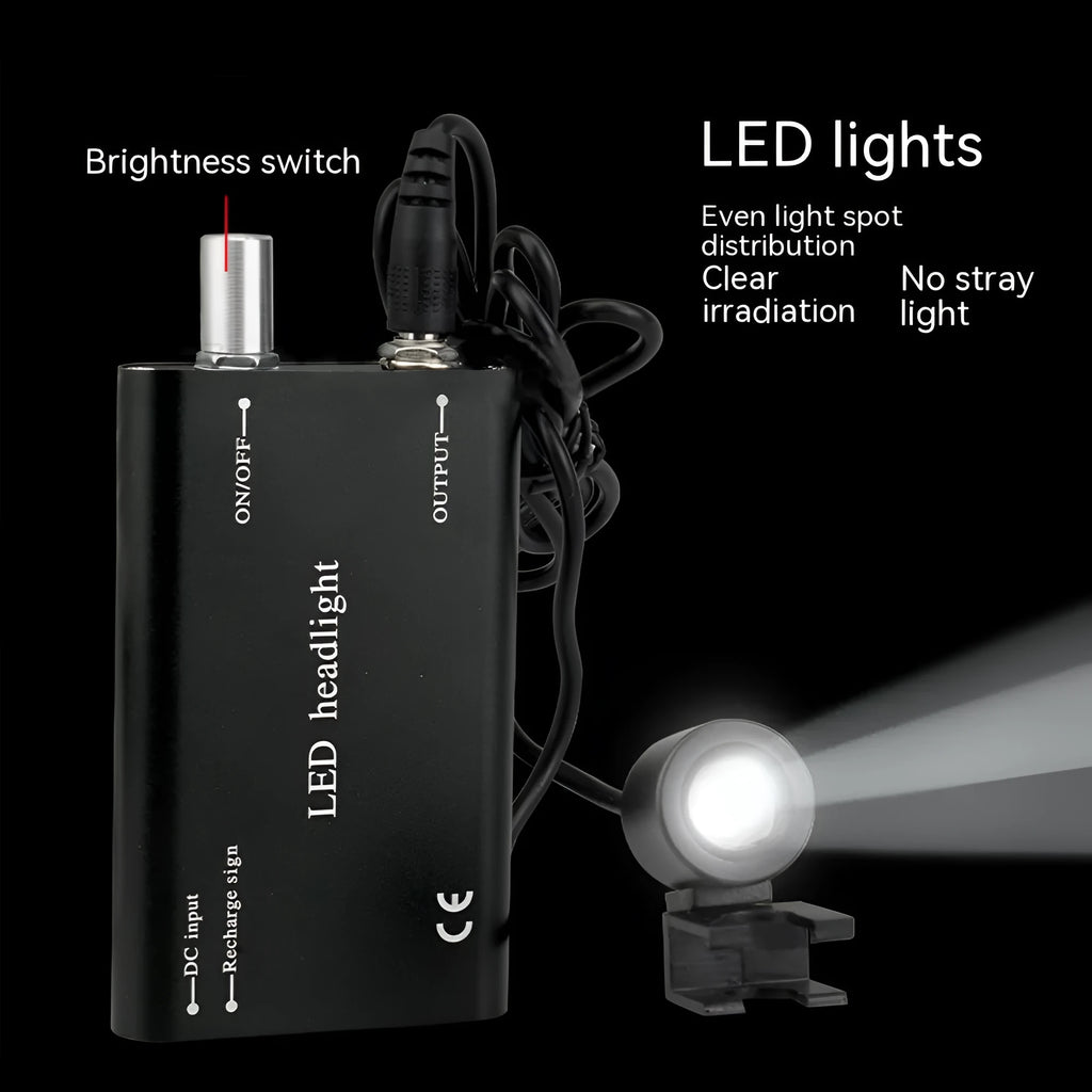 Black dental magnifying glasses with LED headlight showing 3.5X magnification and adjustable head strap