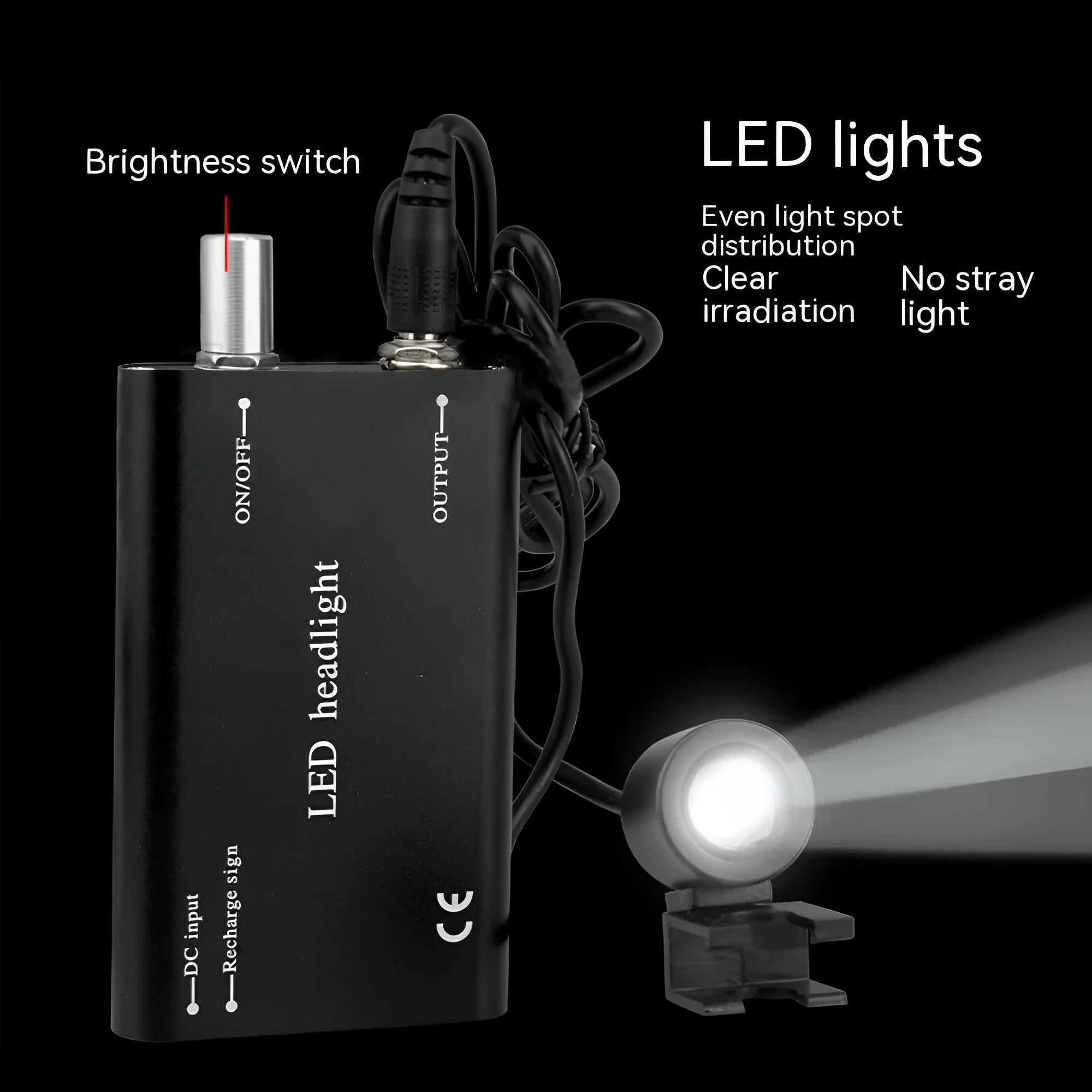 Black dental magnifying glasses with LED headlight showing 3.5X magnification and adjustable head strap