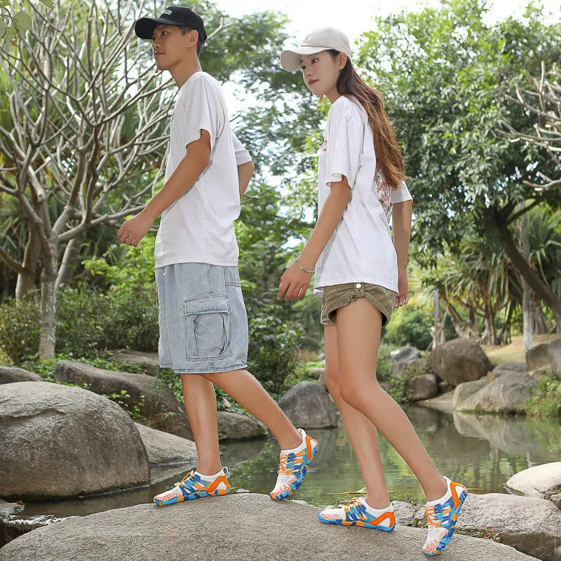 Men's and women's quick-drying wading beach shoes with mesh upper, non-slip rubber sole, and front lace-up design in multiple colours