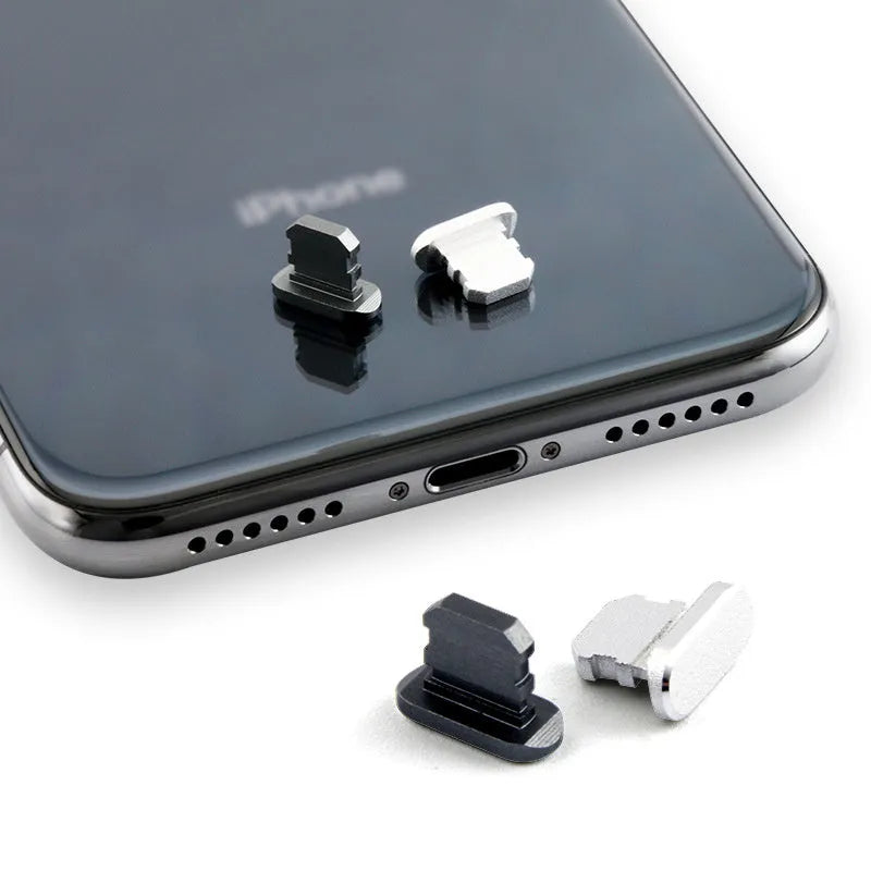 Aluminium alloy charging port dust plug for iPhone in various colours including gold, silver, and rose gold.