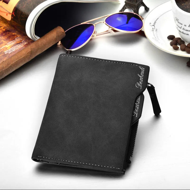 Men's short multifunctional wallet with zipped coin pocket, black colour, 10 x 12.2 x 1.8 cm