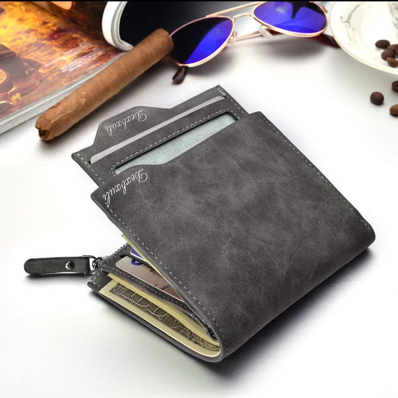 Men's short multifunctional wallet with zipped coin pocket, black colour, 10 x 12.2 x 1.8 cm