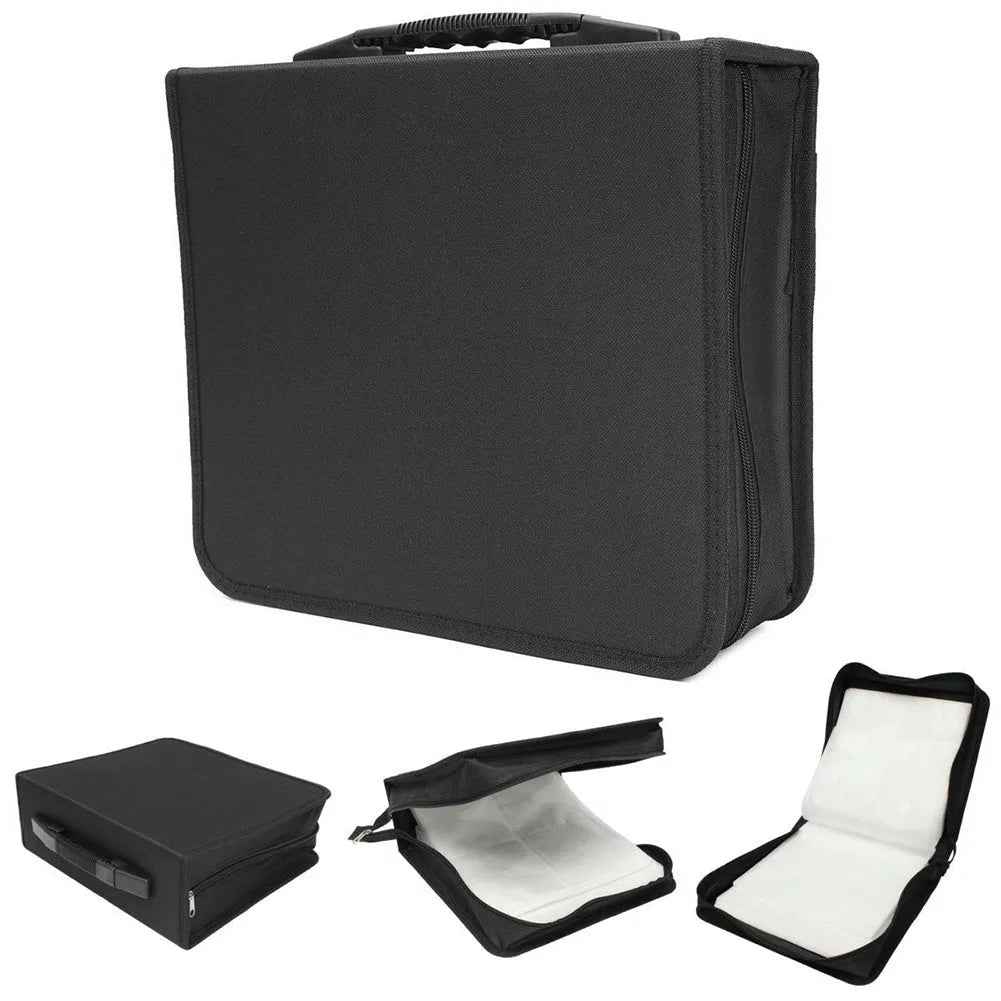 Black Oxford cloth CD and DVD storage binder with zipper and top carry strap.
