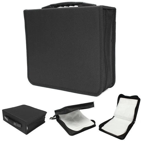 Black Oxford cloth CD and DVD storage binder with zipper and top carry strap.