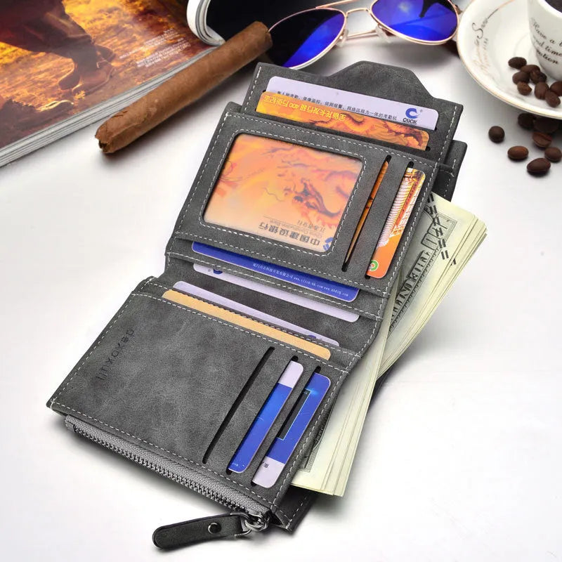 Men's short multifunctional wallet with zipped coin pocket, black colour, 10 x 12.2 x 1.8 cm