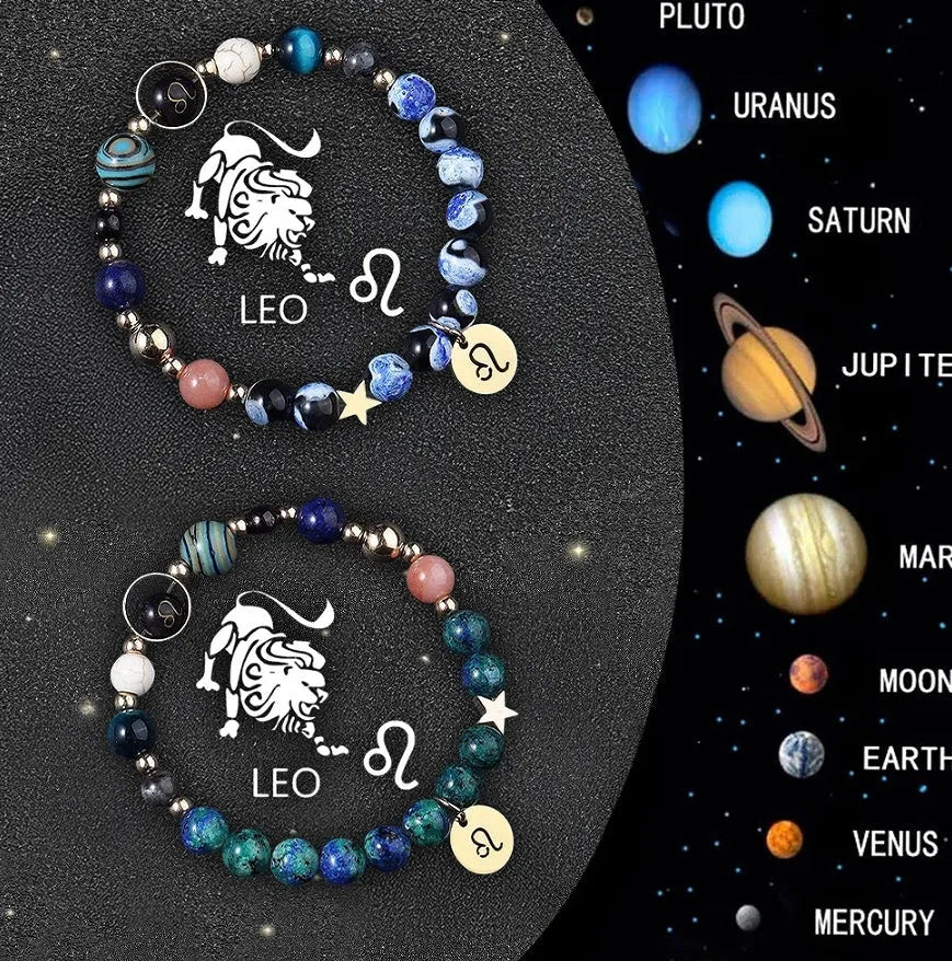 Two natural stone beaded bracelets showing Chinese zodiac animal signs including dragon and rabbit symbols