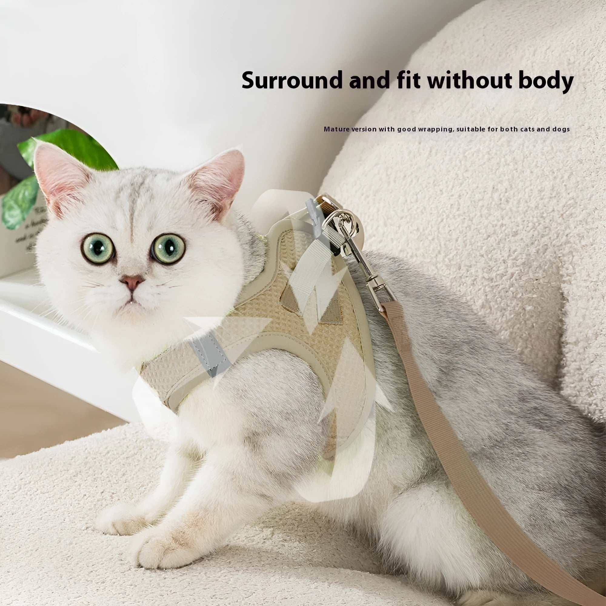Brown cloth cat harness with integrated pulling rope and chest strap design
