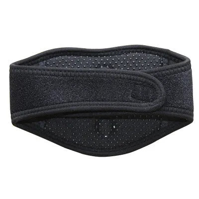 Black self-heating magnetic therapy neck guard with adjustable strap on a flat surface.