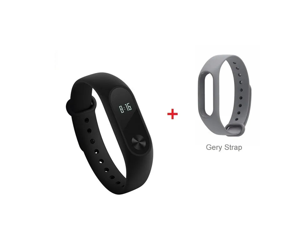Xiaomi Mi Band 2 black fitness tracker on wrist showing OLED display