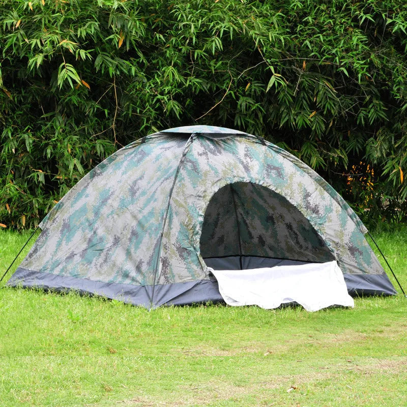 Green camouflage camping tent with mesh windows and steel ground pegs