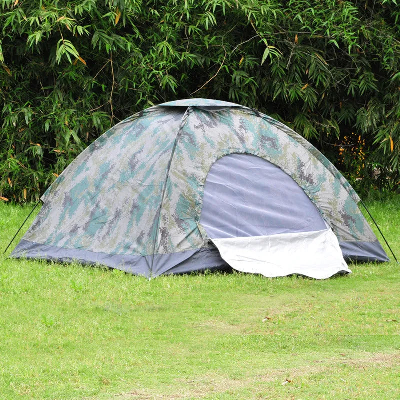 Green camouflage camping tent with mesh windows and steel ground pegs