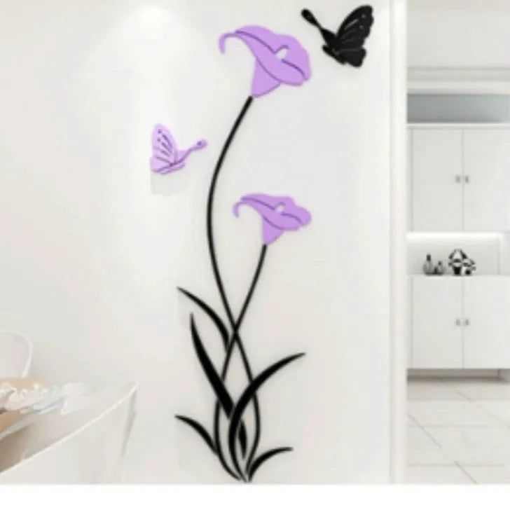 3D acrylic lily wall sticker in silver colour, showing its raised silhouette against a plain wall.