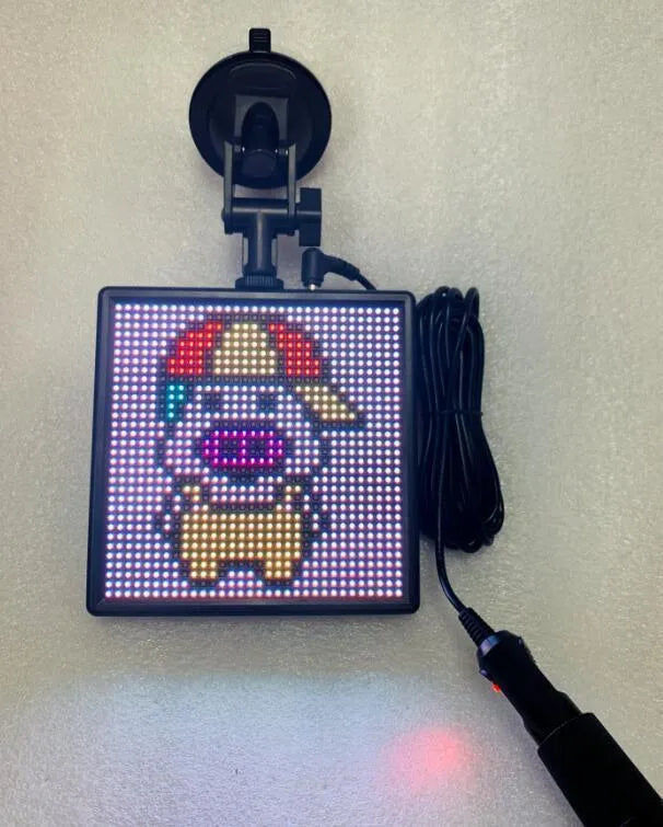 Bluetooth wireless LED car display screen with aluminium frame showing a colourful image.