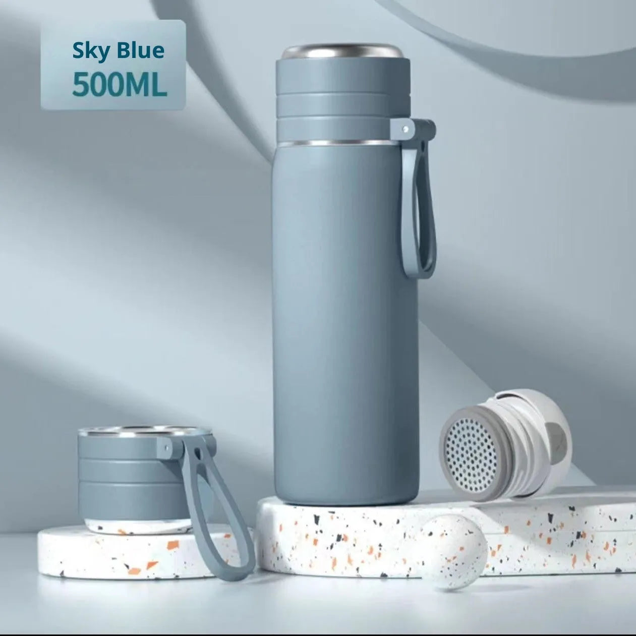316 stainless steel food grade thermos cup with tea and water separation, 500ml capacity, beige colour