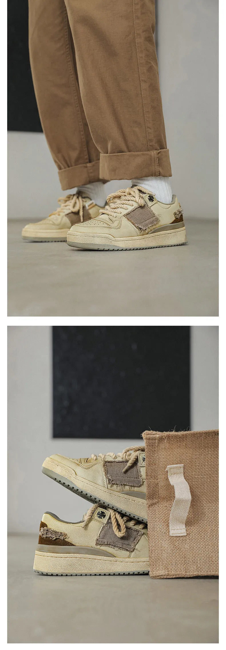 Beige low-top casual skateboard shoes with round toe and front lace-up on a rubber sole.