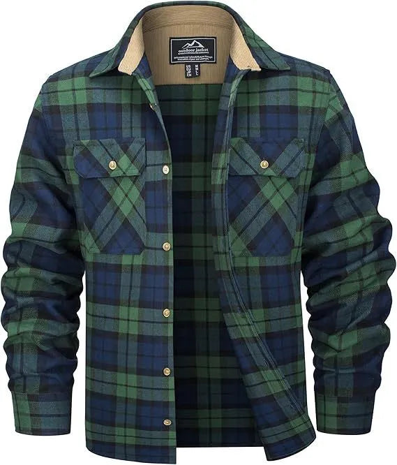 Man wearing a long-sleeved plaid flannel shirt in a cardigan style with a button-up front.