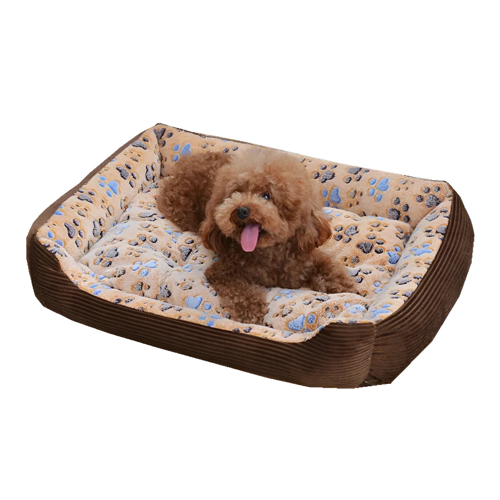 Beige soft plush sofa-style pet dog bed with raised sides for a small dog.