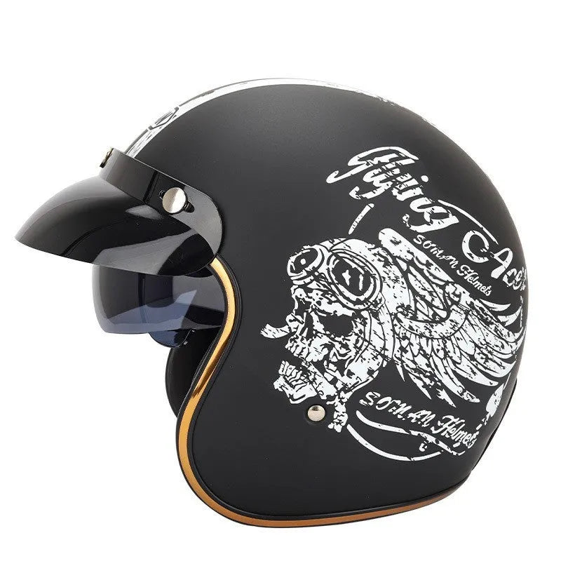 Retro style half helmet for motorcycle riding shown in multiple colour options on a grey background