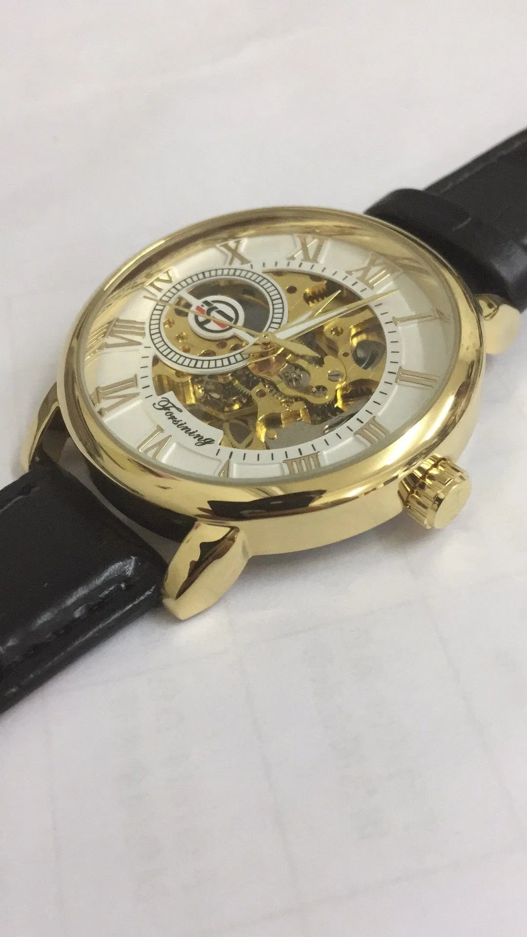 Hollow mechanical skeleton wrist watch with leather band and stainless steel 40.5mm case