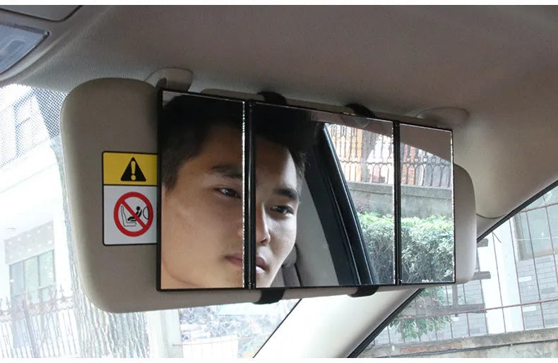 Silver folding car makeup mirror shown open and closed, next to a car visor.