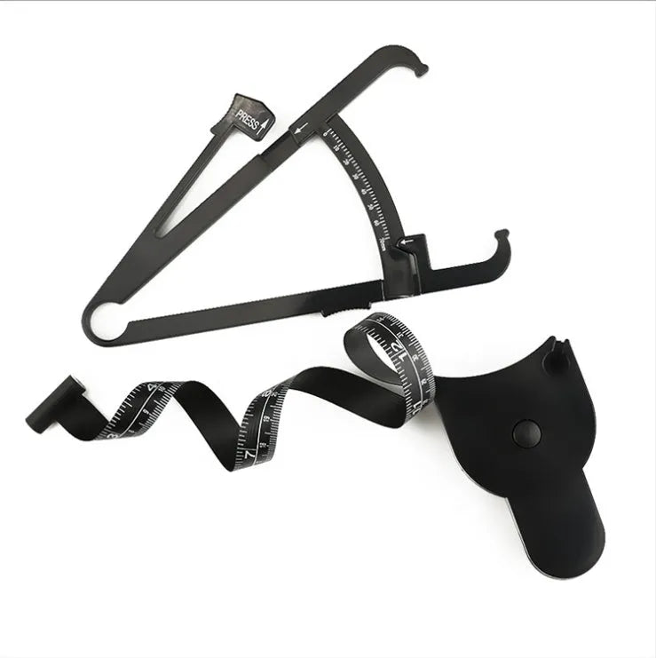 Black ABS plastic body fat caliper with measurement gauge and detachable cable for skin fold thickness testing.