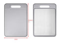 Grey square double-sided aluminium cutting board with hanging loop, defrosting surface, and built-in whetstone
