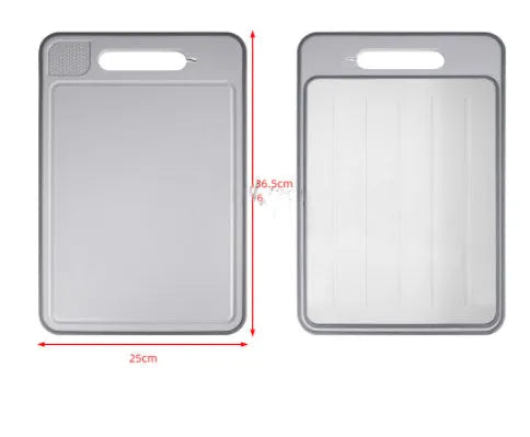 Grey square double-sided aluminium cutting board with hanging loop, defrosting surface, and built-in whetstone