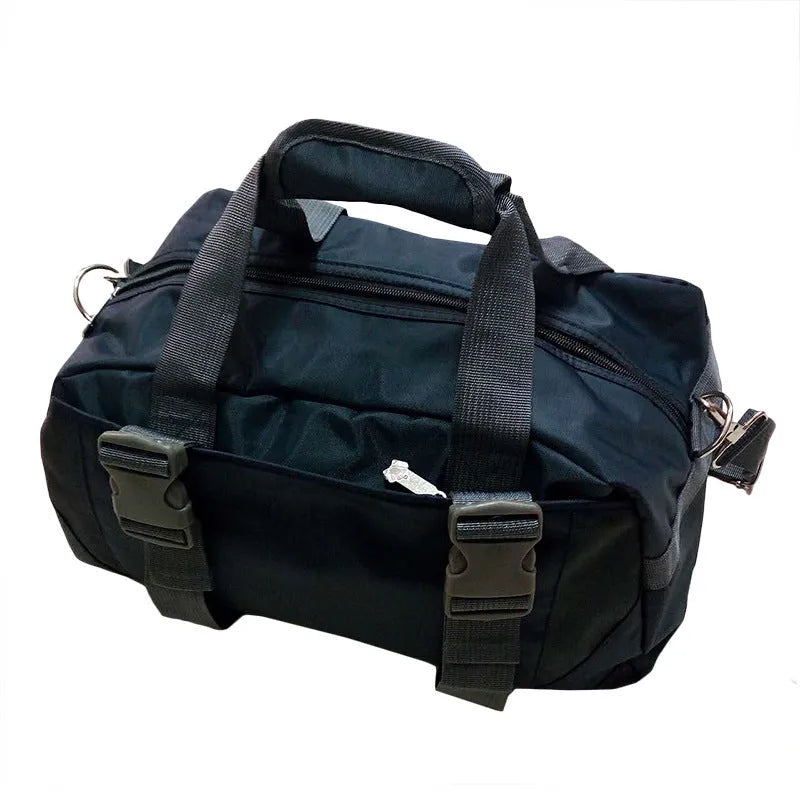 Nylon gym and yoga bag shown in black, available in medium and large sizes.