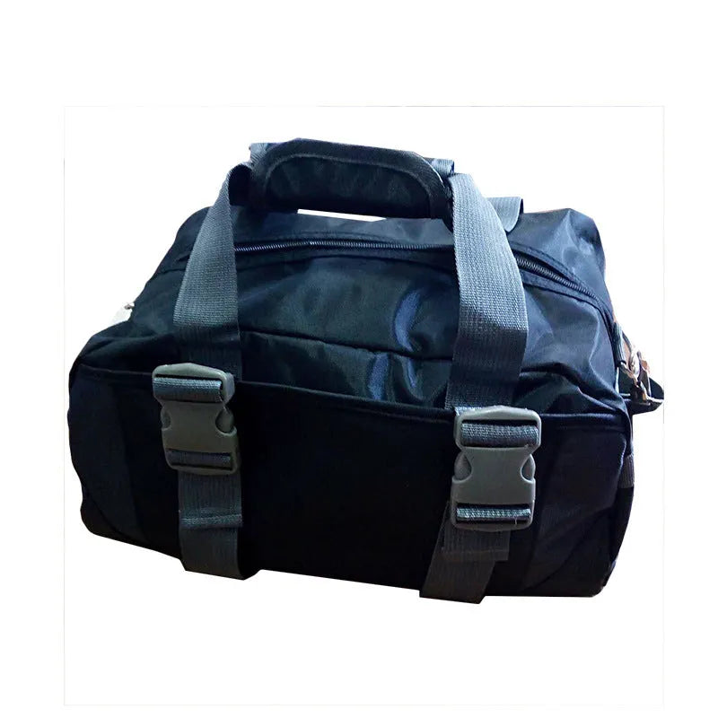 Nylon gym and yoga bag shown in black, available in medium and large sizes.