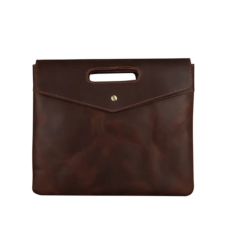 Genuine leather men's vintage business briefcase in brown envelope shape with wrapped closure