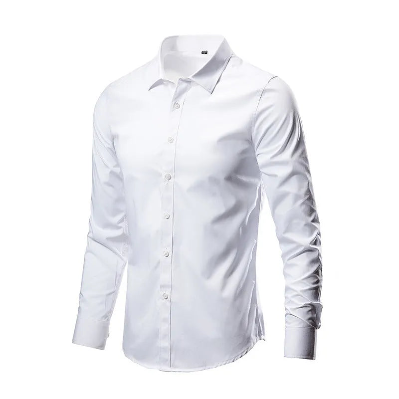 Men's loose-fit long-sleeve linen shirt shown in a neutral colour, featuring a button front and long sleeves.