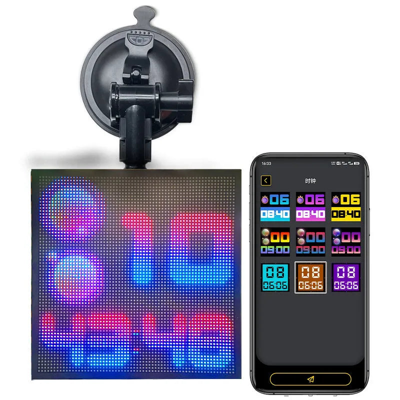 Bluetooth wireless LED car display screen with aluminium frame showing a colourful image.