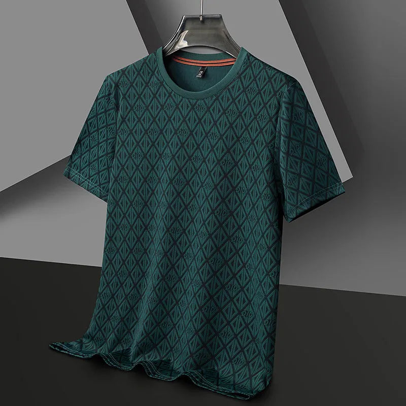 Men's black ice silk jacquard T-shirt with round neck and half sleeves on hanger