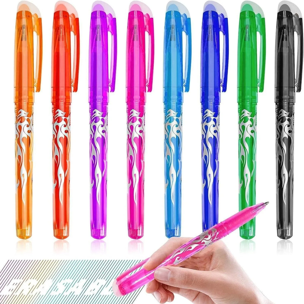 Set of heat-erasable gel pens with plastic barrels and stainless steel tips, showing assorted colours.