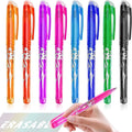 Set of heat-erasable gel pens with plastic barrels and stainless steel tips, showing assorted colours.