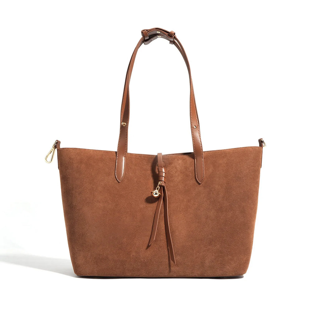 Autumn and winter Maillard-style retro tote bag in olive green with bucket shape, cotton lining, and document pocket