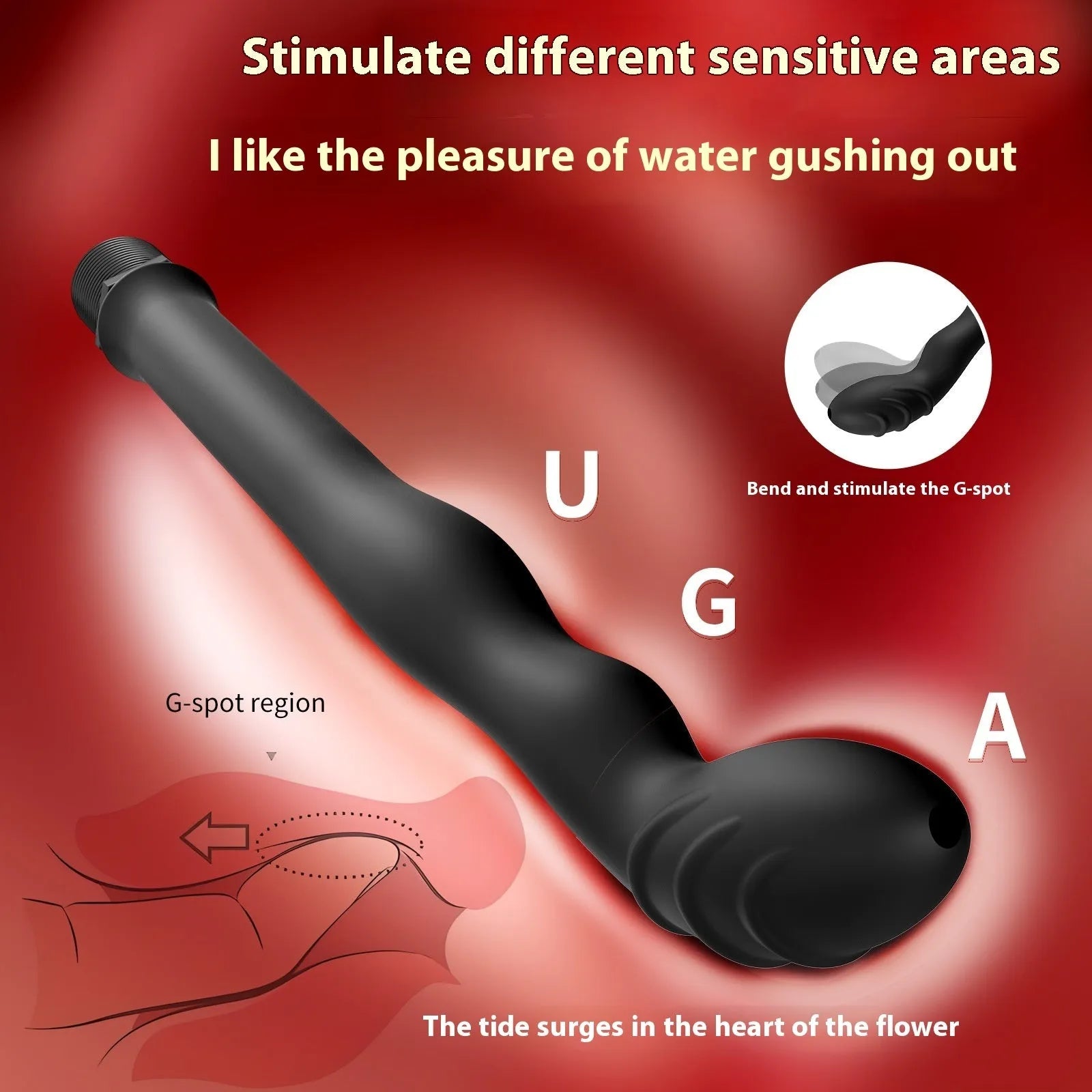 Black silicone hosepipe flusher with enema nozzle for cleaning and washing tasks.