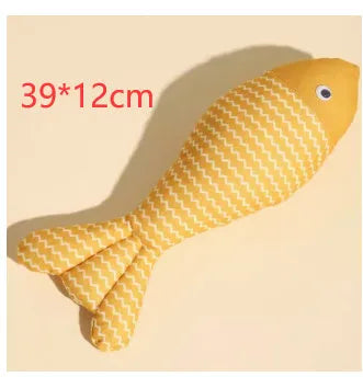 Catnip-filled fabric fish toy in blue, red or yellow available in large, medium and small sizes