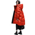Women's ultra-thin mid-length down coat in black with long sleeves and loose fit, white duck down filling