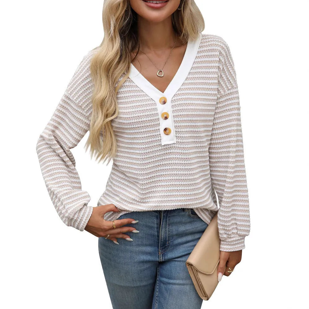 Women's V-neck patchwork pullover top in polyester fabric with loose fit